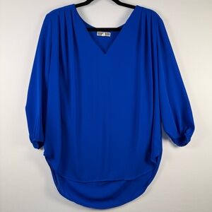 Pleione Women’s Royal Blue V-Neck Blouse with 3/4 Length Balloon Sleeves, Large